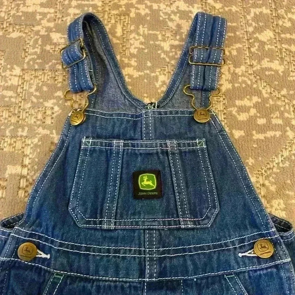 John Deere Unisex Kids Denim Bib Overalls Size 2T Blue Cotton Adjustable Straps - Picture 2 of 7